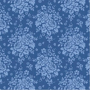 May include: A repeating pattern of light blue floral bouquets on a dark blue dotted background. The floral design features roses and other flowers, creating a vintage or classic aesthetic. The pattern is suitable for fabric or wallpaper.
