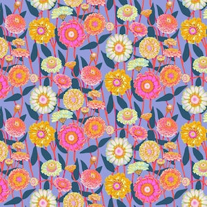 May include: A floral pattern featuring colorful zinnias in shades of yellow, pink, and orange against a light purple background. Dark green leaves and red stems complete the design, creating a vibrant and cheerful aesthetic.