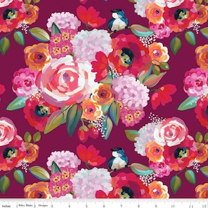 Lila Tueller Poppies & Plumes C14290 Wine for Riley Blake Fabric, Floral Flowers Cotton Quilting Fabric, #2631