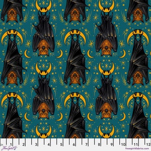 Rachel Hauer Storybook Halloween Aim for the Moon, PWRH058 Turquoise, Free Spirit Fabric, Bats, 100% Cotton, FS608