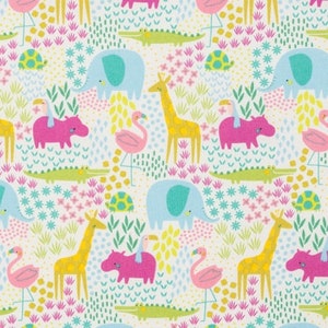 May include: A white fabric with a colorful pattern of animals, including elephants, giraffes, hippos, flamingos, crocodiles, and turtles. The animals are outlined in black and have a whimsical, cartoon-like style.