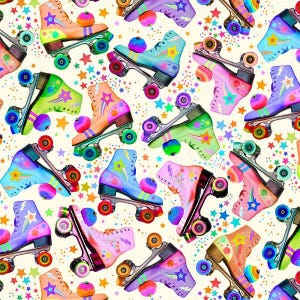 May include: A repeating pattern of colorful roller skates on a cream background. Each skate features a vibrant design with stars, lightning bolts, and bright wheels. The skates are depicted in various shades of pink, blue, green, and orange.
