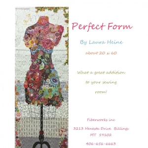 May include: A colorful floral fabric design of a dress form, about 20 inches by 60 inches, on a black stand. The fabric is made of patchwork pieces of different colors and patterns. The dress form is a great addition to any sewing room.