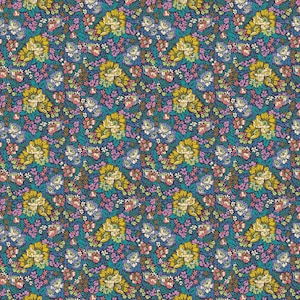May include: A repeating floral pattern featuring large yellow and teal flowers, smaller purple and white blossoms, and green leaves on a dark blue background. The design has a vintage, botanical aesthetic, suitable for fabric or wallpaper.