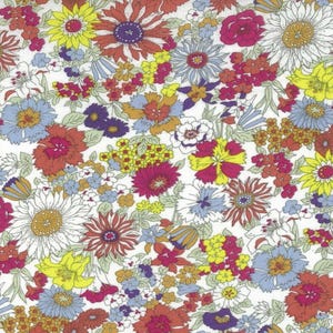 May include: A floral fabric featuring a dense pattern of colorful flowers. The design includes a variety of blooms in shades of red, yellow, blue, and purple, set against a white background. The flowers vary in size and shape, creating a vibrant and detailed textile.