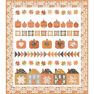 May include: A patchwork quilt with a white background and an orange floral border. The quilt features rows of pumpkins, houses, and autumn leaves in shades of orange, gray, and white. The quilt is a fall-themed home decor item.