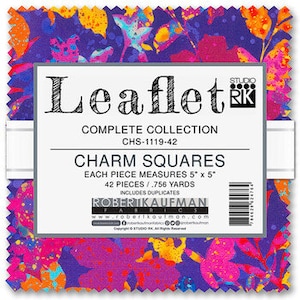 May include: A collection of 42 charm squares, each measuring 5 inches by 5 inches, featuring a vibrant floral pattern with pink, orange, yellow, and purple hues. The fabric is by Robert Kaufman and is called "Leaflet".
