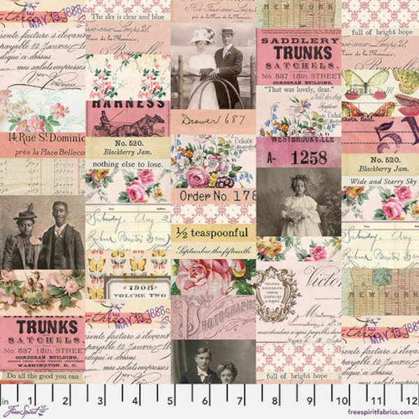 PRÉ-COMMANDE, Tim Holtz Palette Pink Collage PWTH210.PINK, tissu Free Spirit, étiquettes vintage, tissu 100 % coton, sortie octobre 2024