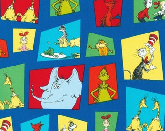 Dr. Seuss Fabric, Dr Seuss Characters, ADE-15669-4 Blue, Robert Kaufman, 100% Cotton, #S06