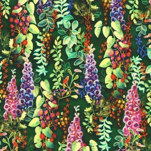 May include: A seamless pattern featuring a variety of colorful flowers and foliage on a dark green background. The flowers are in shades of pink, purple, blue, and yellow, and the foliage is in shades of green and yellow.