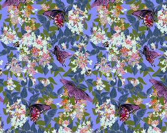 Anna Maria Our Fair Home Neighborly, PWAH209 Periwinkle, Butterfly Floral, Free Spirit Fabric, 100% Cotton, #FS665