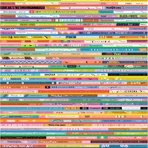 May include: A vibrant design with horizontal bands of text and patterns in various colours. Phrases such as "Santa Fe" and "Flower Shop" are visible. The bands are in shades of pink, blue, yellow, and green.