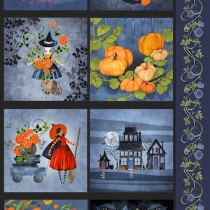 May include: A collage of Halloween-themed illustrations. The images feature witches, pumpkins, a crow, and a haunted house. The color palette includes orange, blue, and black, creating a spooky and festive atmosphere. The artwork is detailed and whimsical.