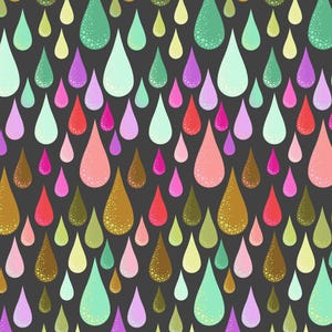 May include: A seamless pattern of colorful teardrop shapes in various shades of green, pink, purple, yellow, and brown, set against a dark gray background. The teardrops have a textured, dotted appearance.