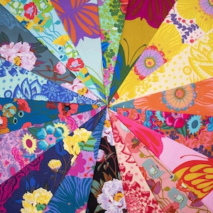 May include: A vibrant array of fabric swatches arranged in a circular pattern. Each swatch displays a unique floral design in a variety of colors, including pink, yellow, orange, and blue. The fabrics showcase a range of flower types and leaf patterns.