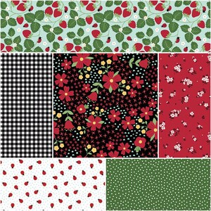 May include: A collection of fabric patterns featuring various designs. Includes a light blue pattern with strawberries and ladybugs, a black and white gingham, a black floral pattern with red flowers, and a red floral pattern with white flowers.