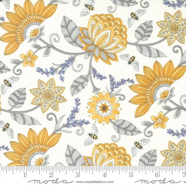 Deb Strain Honey & Lavender Fabric, 56080-11 Milk, Moda Fabric, Floral Flowers Bees, 100% Cotton, #2528