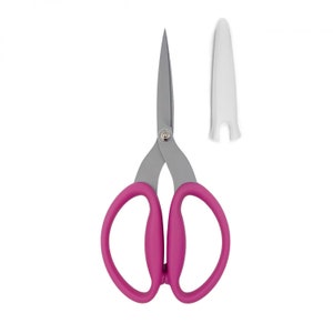 May include: Scissors with a vibrant pink handle and silver blades. A white protective cover is included. The scissors are designed for general use.