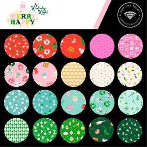 May include: A selection of patterned fabric circles with Christmas designs, such as gifts, baubles, and festive food. The image features the text "MERRY HAPPY" and a logo that says "Ruby Star Society".