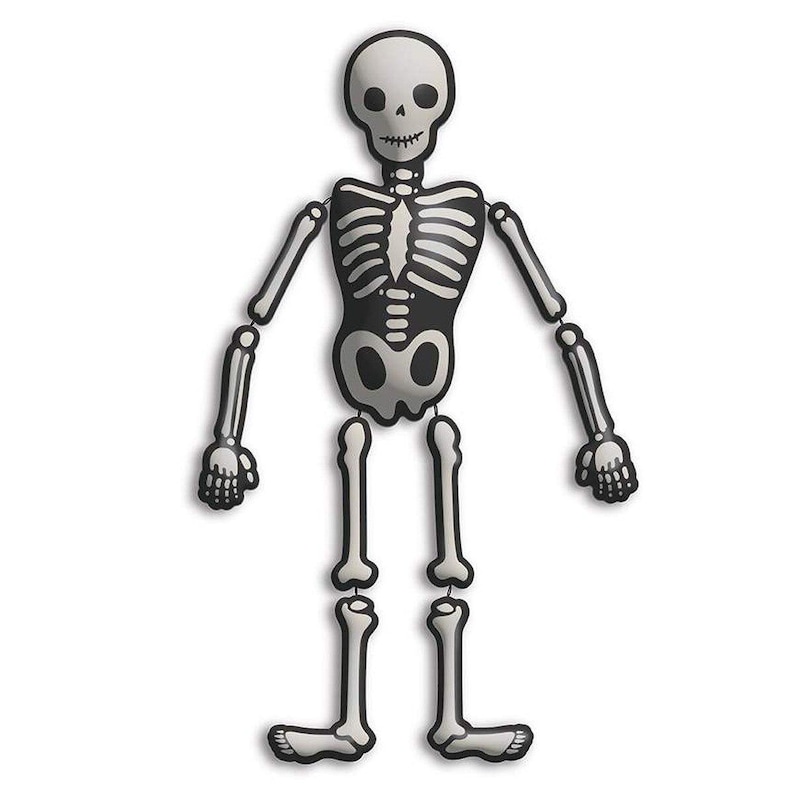 May include: A white and black skeleton decoration with articulated joints. The skeleton has a skull-shaped head, rib cage, and leg and arm bones. The skeleton is a Halloween or Day of the Dead decoration.