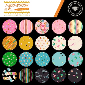May include: A selection of circular fabric designs with sewing-related illustrations and geometric patterns. The image includes the text "1-800-NOTION" and "Collaborative Collection". A Ruby Star Society logo is also visible.