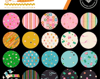 May include: A collection of twenty circular fabric swatches featuring various sewing-themed patterns including scissors, spools, buttons, and thimbles in pink, yellow, green, blue, and black. The top includes the text 1-800-NOTION and Ruby Star Society.