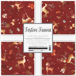 May include: A red fabric with a festive fauna design featuring deer, squirrels, and snowflakes. The fabric is part of a complete collection called "Festive Fauna" and includes 42 pieces, each measuring 10 inches by 10 inches.