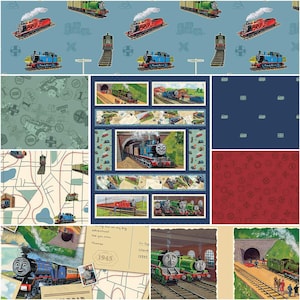 May include: A collection of fabric squares featuring a blue, red, and green train theme. The squares feature different designs, including a map, a train engine, and a train track. The fabric is perfect for quilting, crafts, and other sewing projects.