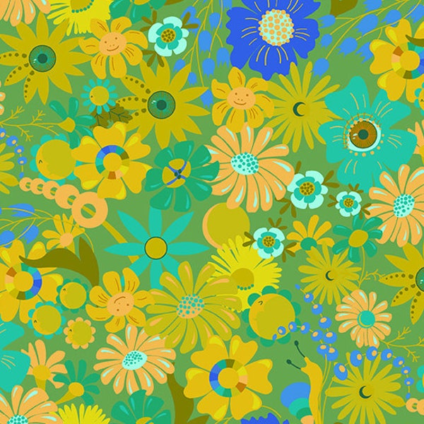 Alison Glass, Between, Open Eyed, A-372-G Leaf, Andover Fabric, Bright Floral Flowers, Quilting Cotton, #1834