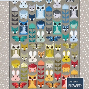 May include: A quilt pattern called "Fancy Forest" featuring a variety of colourful animal and nature designs, including owls, foxes, butterflies, and bunnies. The pattern is for two sizes: 67 inches by 91 inches and 35 inches by 47 inches. The pattern is by Elizabeth Hartman.