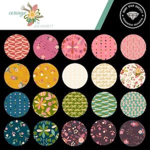 May include: A collection of patterned fabric circles in various colors, including pink, yellow, and teal, against a black background. The circles feature floral and geometric designs. The image includes the text "corsage by Jen Hewett" and a Ruby Star Society logo.