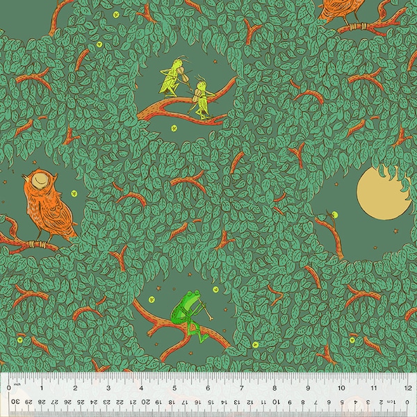 Heather Ross Forestburgh Night Music Leaf 53846-5, Windham Fabric, Owl Frogs Moon, 100% Cotton Fabric, #2596