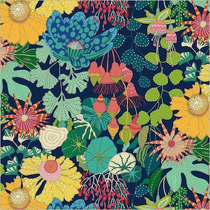 May include: A fabric pattern featuring a dense botanical illustration on a dark navy blue background. The design includes large yellow flowers, blue lotus-like blossoms, pink hanging seed pods, and various green leaves with intricate dot details.