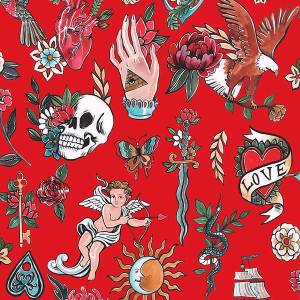 Alexander Henry Fabric, Tell-Tale Tattoo, 8991A Red, 100% Cotton, #AH219