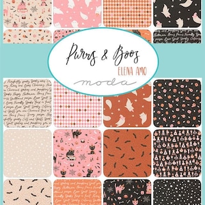 May include: A selection of Halloween fabric squares with various patterns. Designs include ghosts, cats, bats, and spiderwebs in pink, black, orange, and cream. The centre features the text "Purrs & Booz" and "ELENA AMO moda".