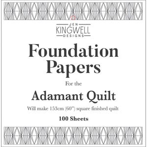 May include: A black and white image of a package of 100 foundation papers for quilting. The package is labelled "Foundation Papers for the Adamant Quilt" and will make a 153cm square finished quilt.