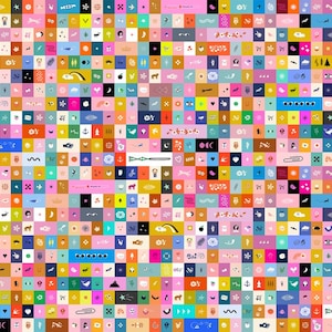 May include: A vibrant, patterned design made up of many small, square blocks. Each block contains a unique illustration, such as hearts, stars, animals, and abstract shapes, in colours like pink, blue, yellow, and orange. The overall effect is a lively and playful mosaic.