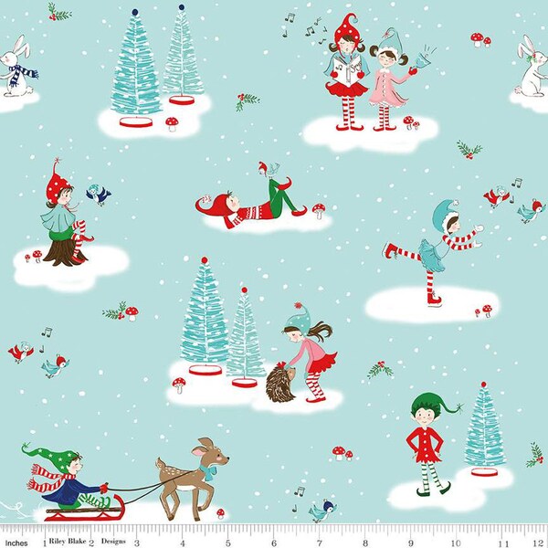 Pixie Noel 2, C12110 Aqua, Tasha Noel for Riley Blake Fabric, Christmas Reindeer, 100% Cotton, #1819