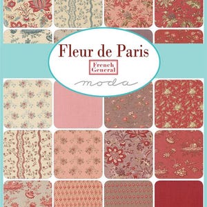 May include: A collection of fabric swatches in various floral and patterned designs. The color palette includes red, pink, cream, and muted tones. The text "Fleur de Paris" and "French General moda" are displayed in the center.