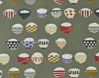 Kokka Yummy Rice Bowl КОКУКА-16070-1-D Green, Japanese Food Drink Fabric, 100% Cotton Oxford Canvas #KO151
