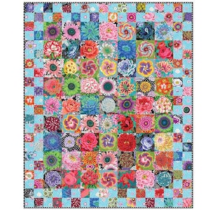 May include: A colorful quilt with a patchwork design featuring various floral patterns. The quilt is made up of squares with different floral prints, including roses, daisies, and other flowers. The quilt is bordered with a blue and white checkered pattern.
