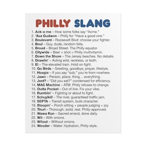 May include: A white rectangular sign with the words "PHILLY SLANG" in red and blue. The sign lists 24 common Philadelphia slang terms and their meanings, such as "Hoagie" and "Jawn."