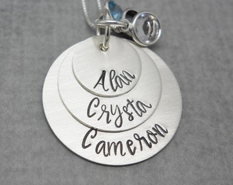 Personalized gifts for Mom, Kids names necklace, Sterling silver family necklace, Layered disc necklace, Christmas gift for Grandma