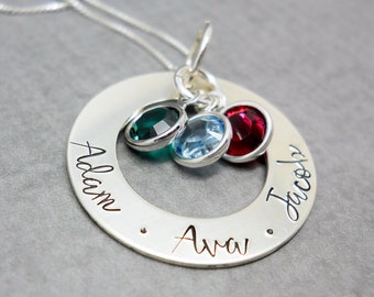 Personalized Mothers necklace with 3 kids names, Mom Personalized sterling silver washer necklace, Christmas gift for mom, gift for her