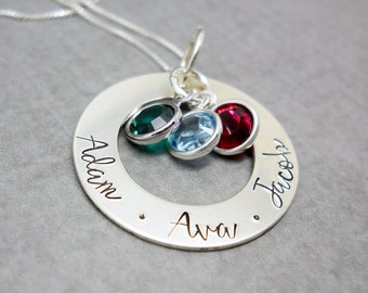 Personalized family necklace, Sterling Silver Name Necklace, Personalized Mother's Day Gift, Hand Stamped Birthstone Jewelry, Gift for Mom