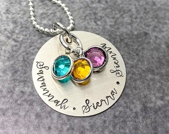 Personalized mothers necklace with kids names, Sterling silver hand stamped Mom disc name necklace, Mothers Day gift from daughter for Mom