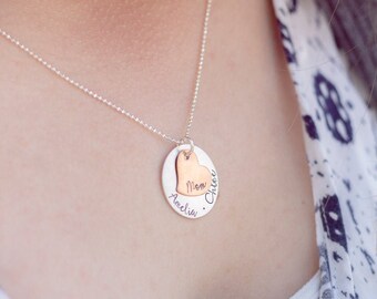 Personalized circle name necklace, Mothers necklace with kids name, hand stamped disc necklace, gift from daughter, Christmas gift for mom
