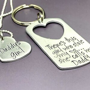 There&#39;s this girl who stole my heart she calls me daddy key chain set, Daddy&#39;s girl necklace, Fathers Day gift for dad from daughter