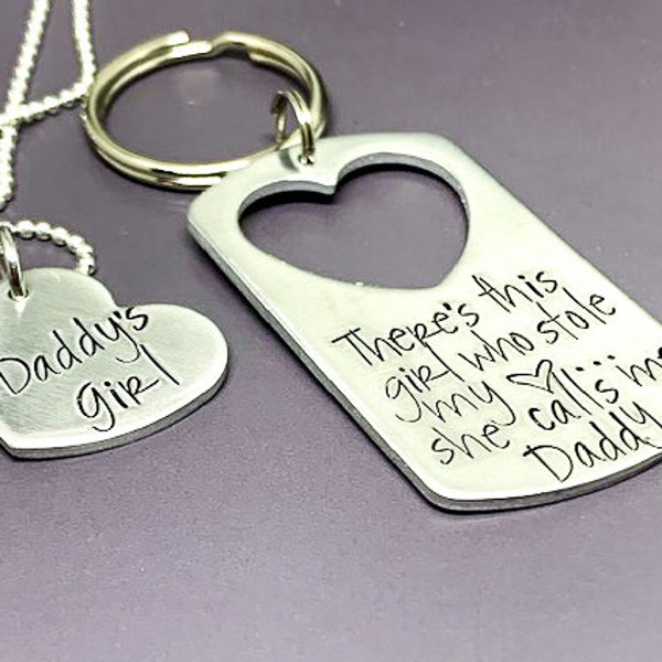 There's this girl who stole my heart she calls me daddy key chain set, Daddy's girl necklace, Fathers Day gift for dad from daughter