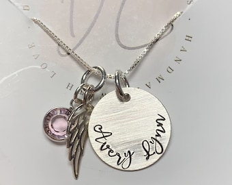 Personalized memorial necklace, bereavement necklace, Sterling angel wing remembrance necklace, Sympathy bereavement gift, memorial jewelry